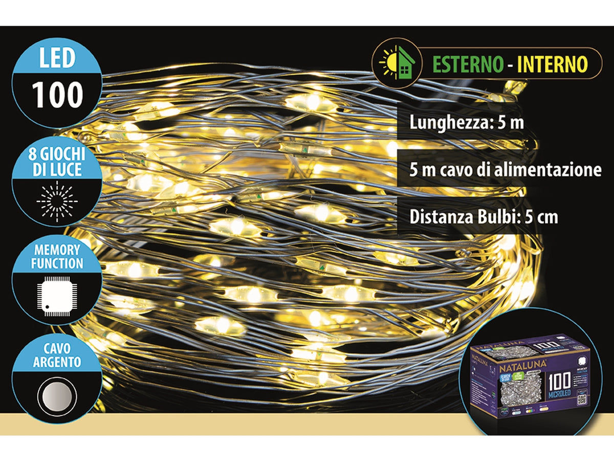 Catena lineare da 100 microled bianco caldo, 5mt+5mt per uso interno/esterno con 8 funzioni cavo argento