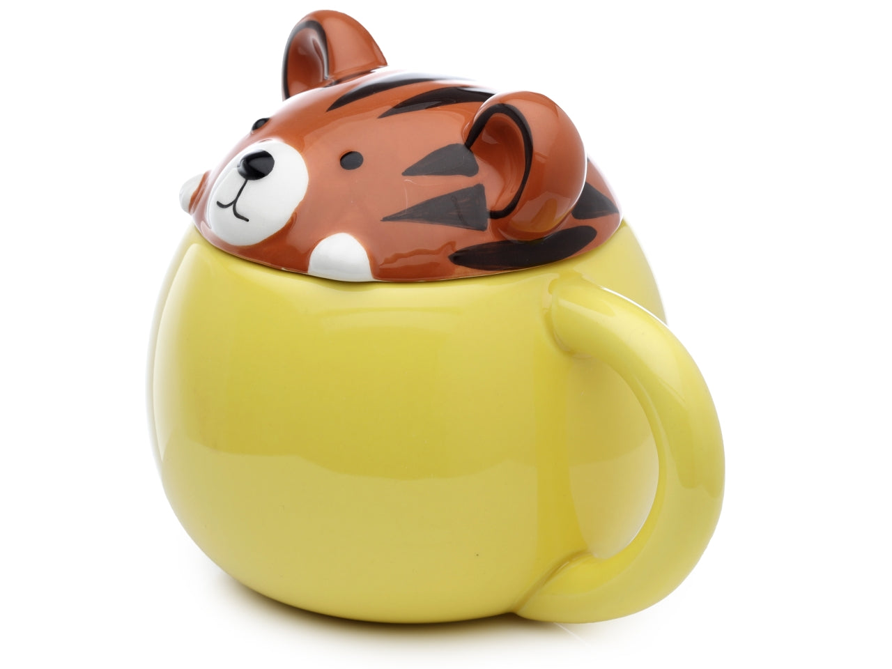 Tazza mug in ceramica con coperchio a forma di testa di tigre gialla marrone - Peek a Boo Mug