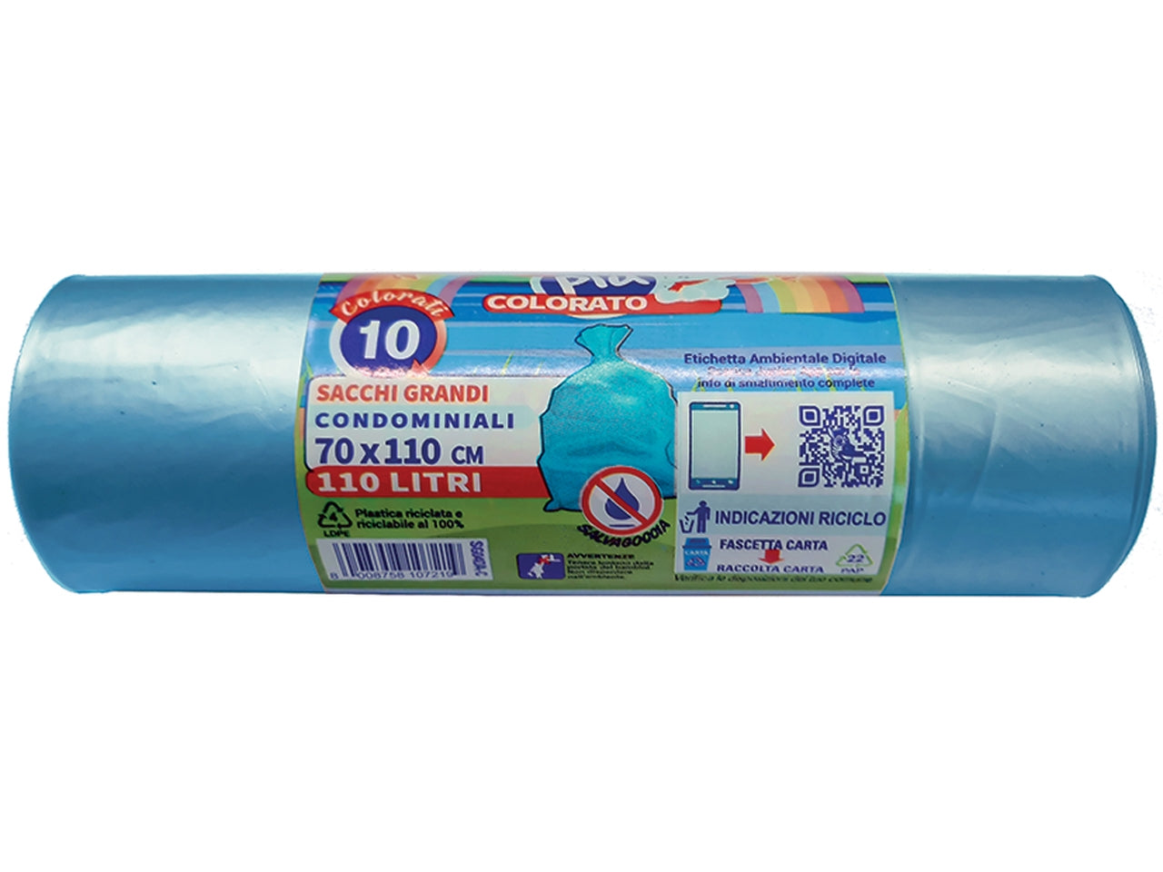 Rotolo compatto 10 sacchi mdpe 70x110cm per raccolta differenziata colore azzurro