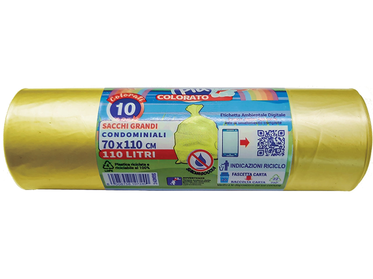 Rotolo compatto 10 sacchi mdpe 70x110cm per raccolta differenziata colore giallo