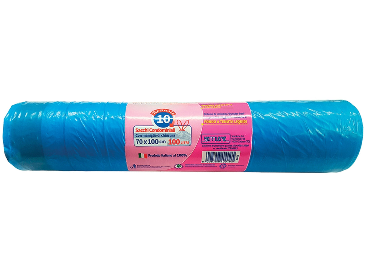 Rotolo 10 sacchi con maniglie 70x100+5cm in mdpe blu
