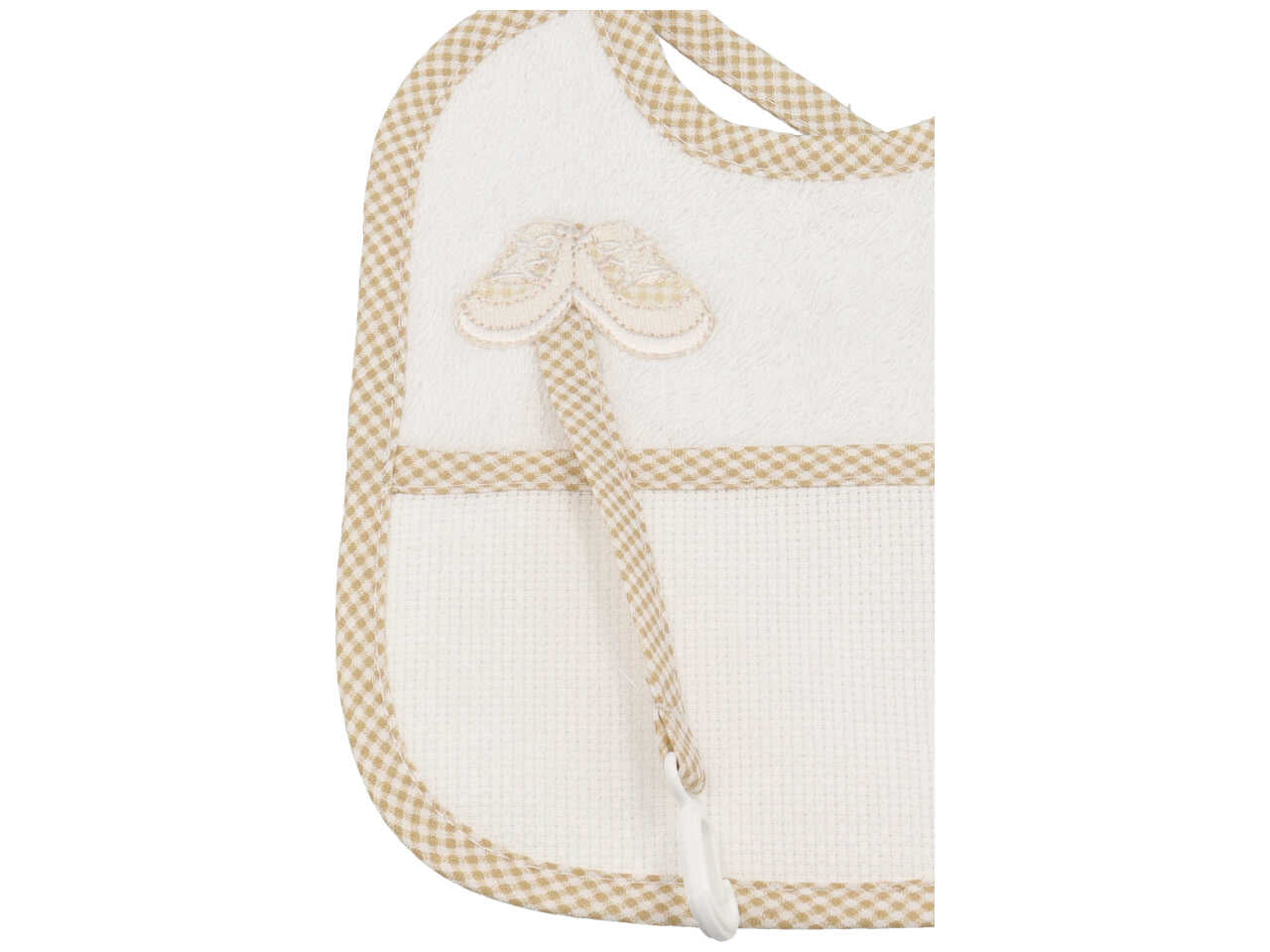 Bavetta bimbi in spugna con porta ciuccio tortora in cotone e tela aida per ricamo - La Chiocciolina