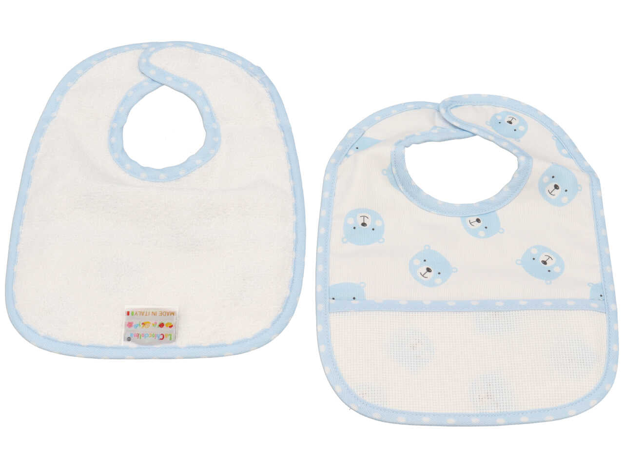 Bavetta bimbo celeste e bianco cotone con tela aida per ricamo - La Chiocciolina