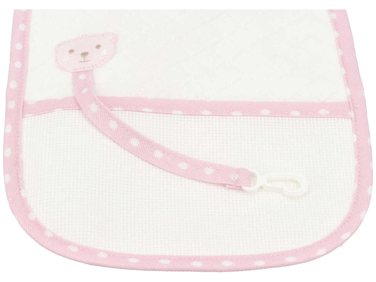 Bavetta per bambina con porta ciuccio in cotone bianco e rosa con gancio portaciuccio e inserto in tela aida per ricamo 19x22 cm - La chiocciolina