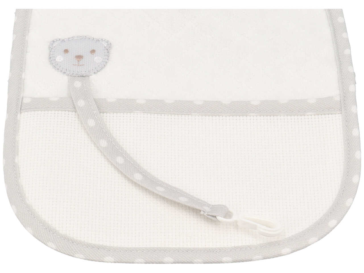 Bavetta per bambini con porta ciuccio in cotone bianco e grigio con gancio portaciuccio e inserto in tela aida per ricamo 19x22 cm - La chiocciolina