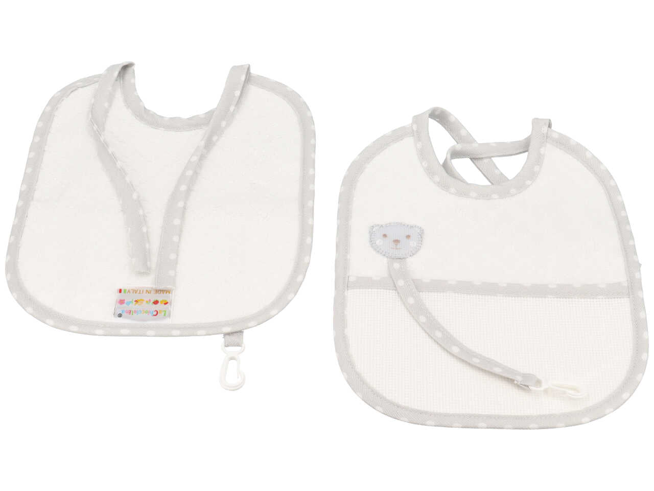 Bavetta per bambini con porta ciuccio in cotone bianco e grigio con gancio portaciuccio e inserto in tela aida per ricamo 19x22 cm - La chiocciolina