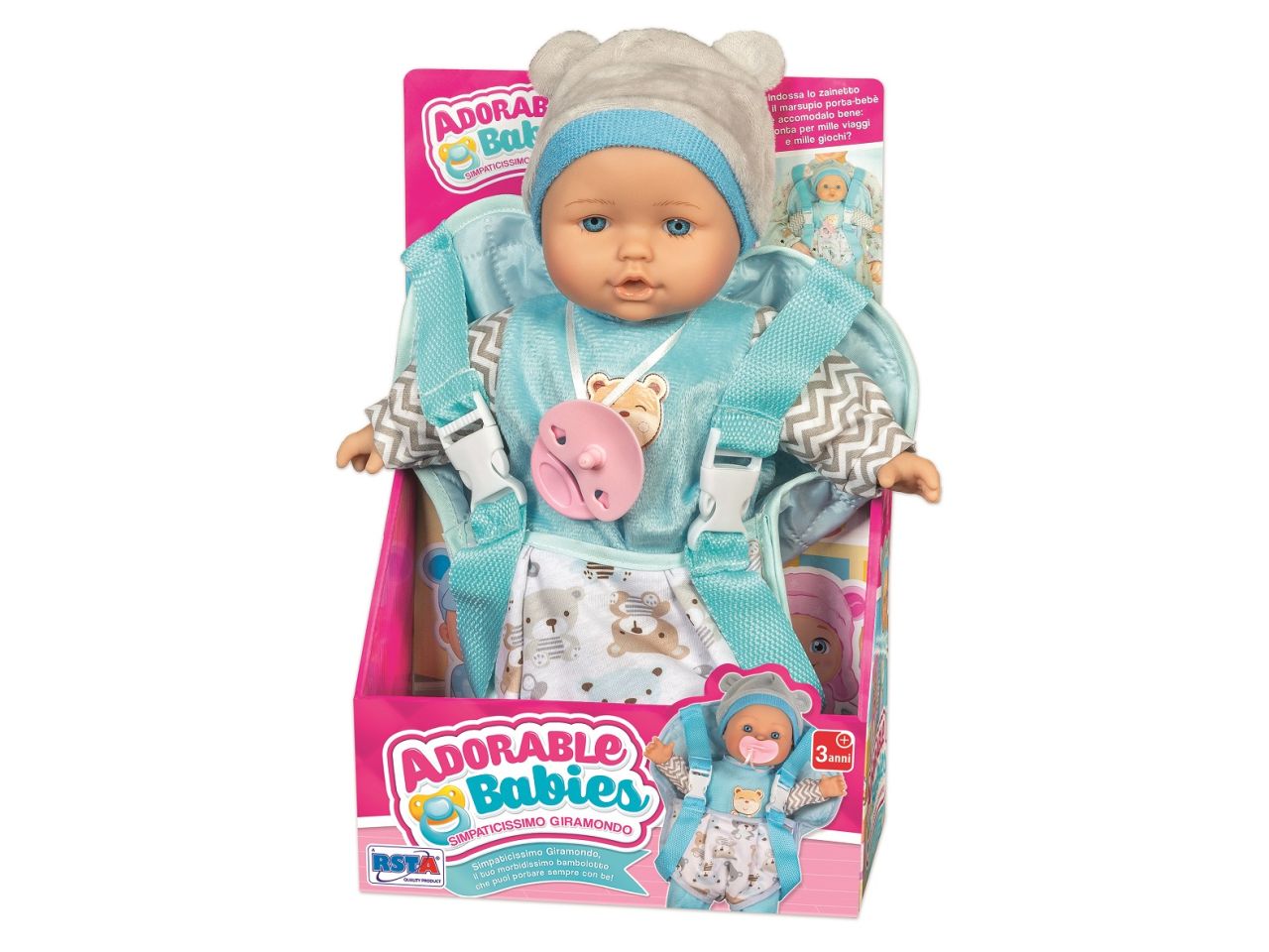 Bambola adorable babies con zainetto giramondo