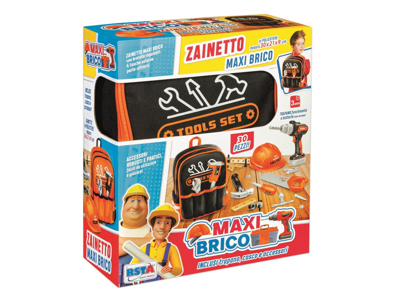 Zainetto maxi brico - la confezione contiene 30 oggetti con casco e trapano a batteria