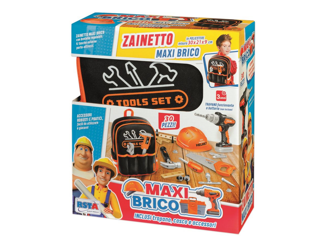 Zainetto maxi brico - la confezione contiene 30 oggetti con casco e trapano a batteria