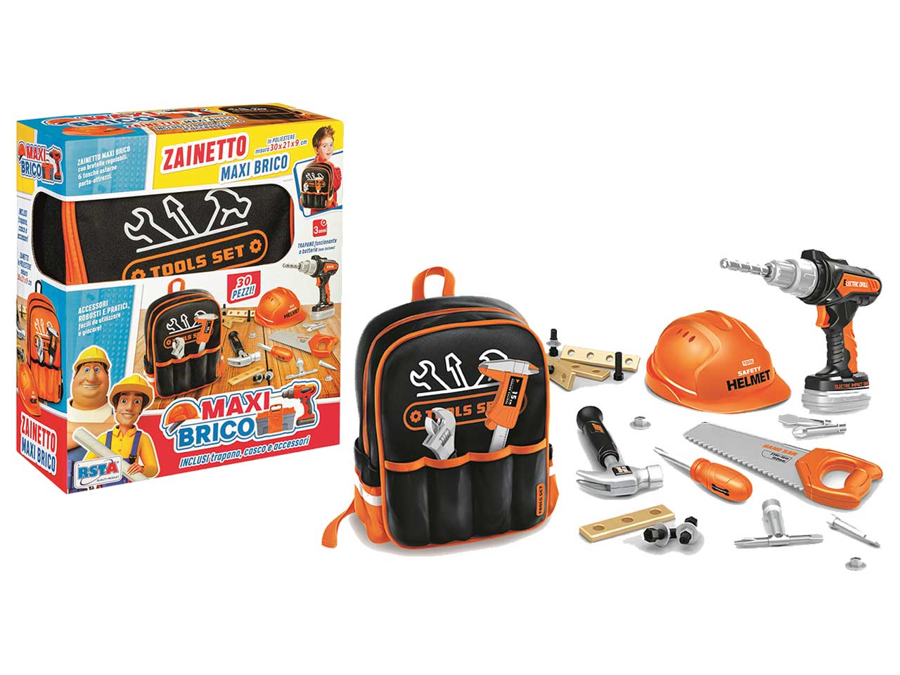Zainetto maxi brico - la confezione contiene 30 oggetti con casco e trapano a batteria