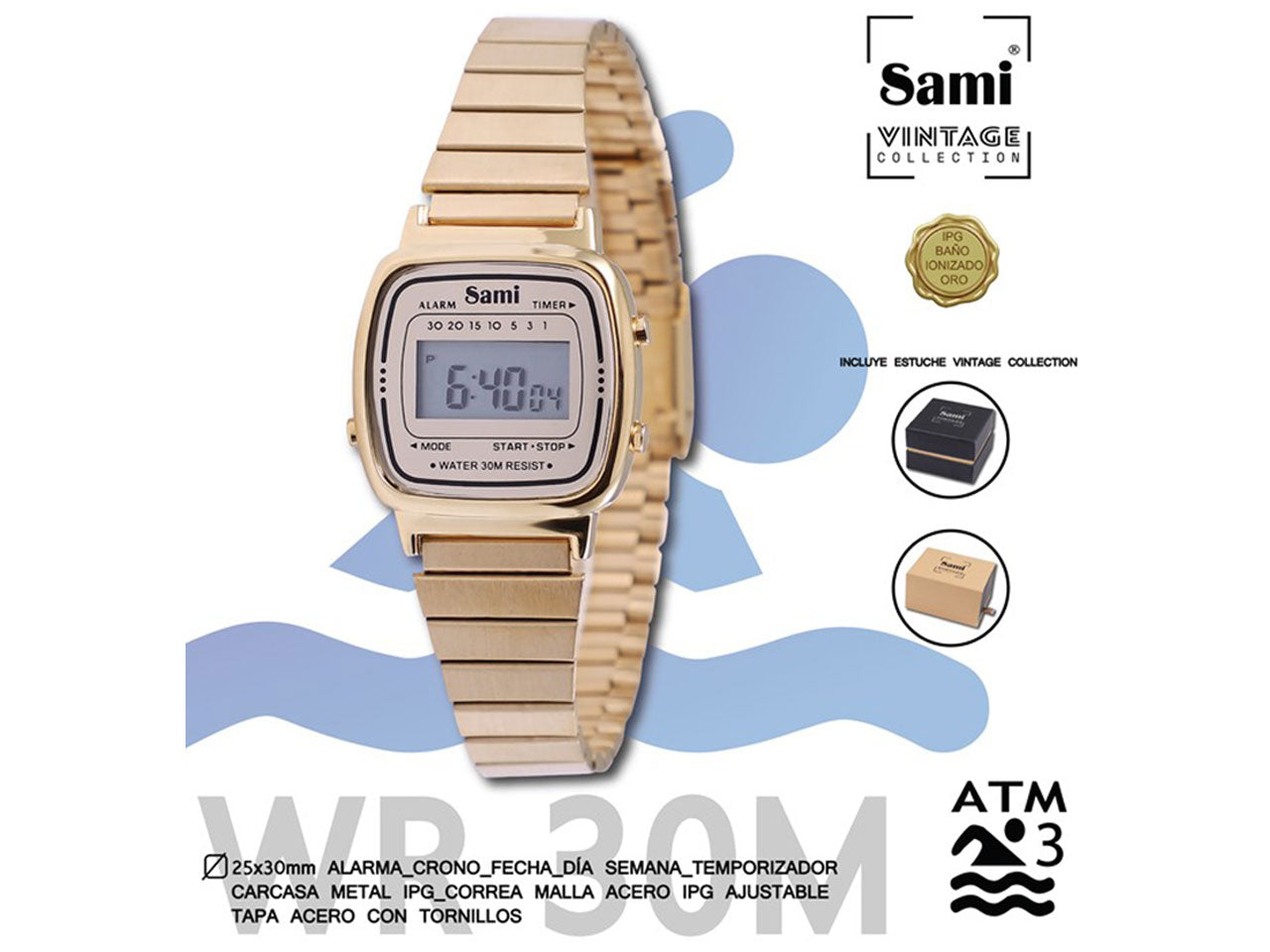 Orologio sami vintage lcd misura d.25x30mm cassa in metallo cinturino elastico regolabile 3 atm colore oro