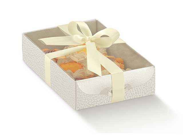 Scatola pelle bianca dolcezze 15x10x3,5cm con coperchio trasparente