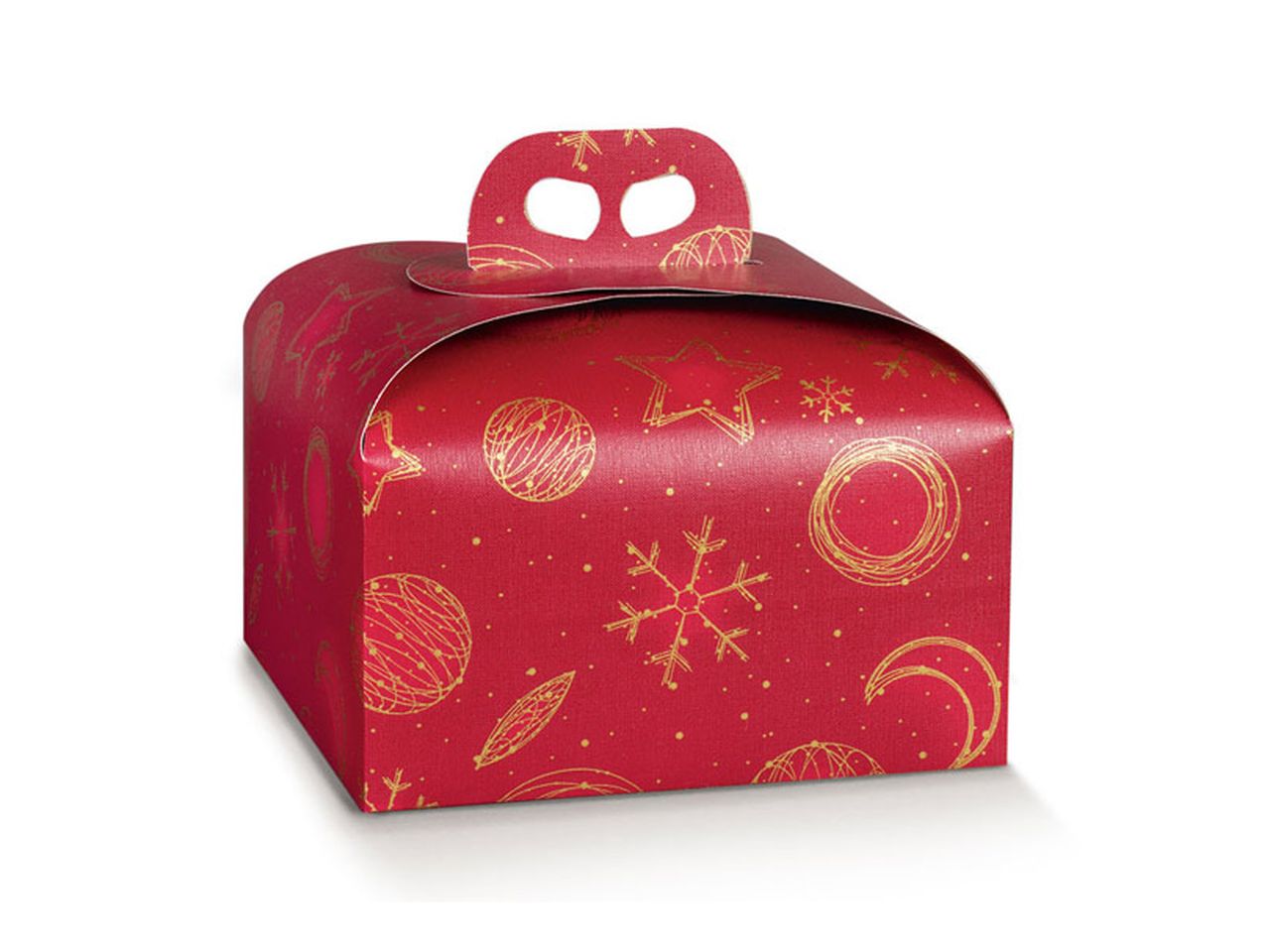 Portapanettone in cartone teso con maniglia colore rosso e decorazioni universo misura 245x245x130mm