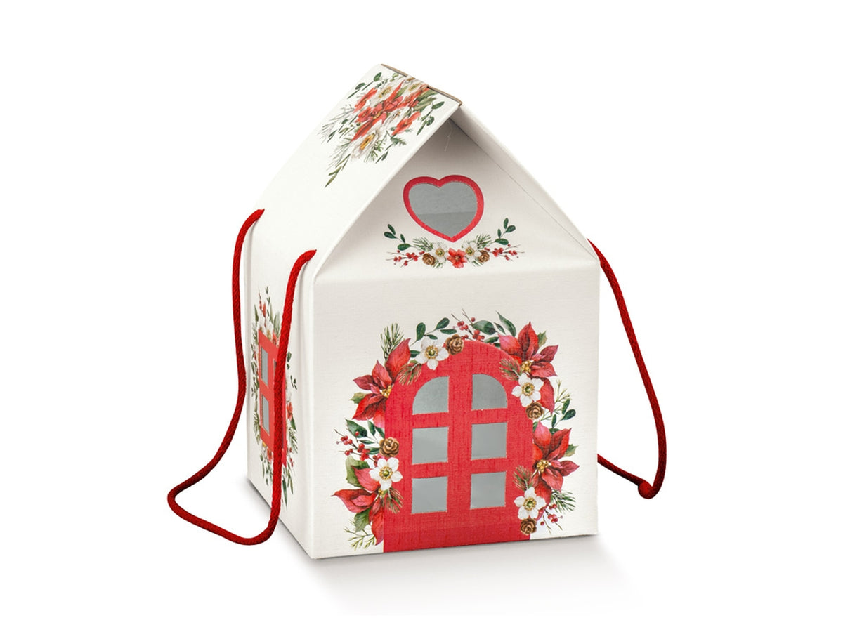 Scatola regalo casetta con cordino bianco e rosso decoro floreale natalizio 20x20x18 cm - Scotton