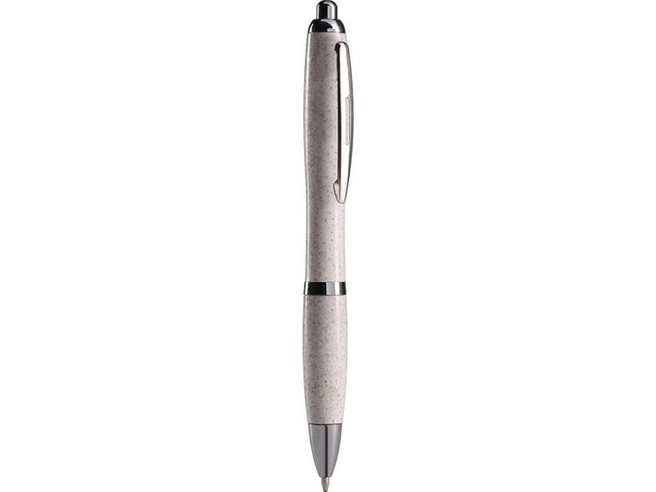 Penna a sfera bianca in paglia di grano e abs con clip in metallo, chiusura a scatto, refill nero.