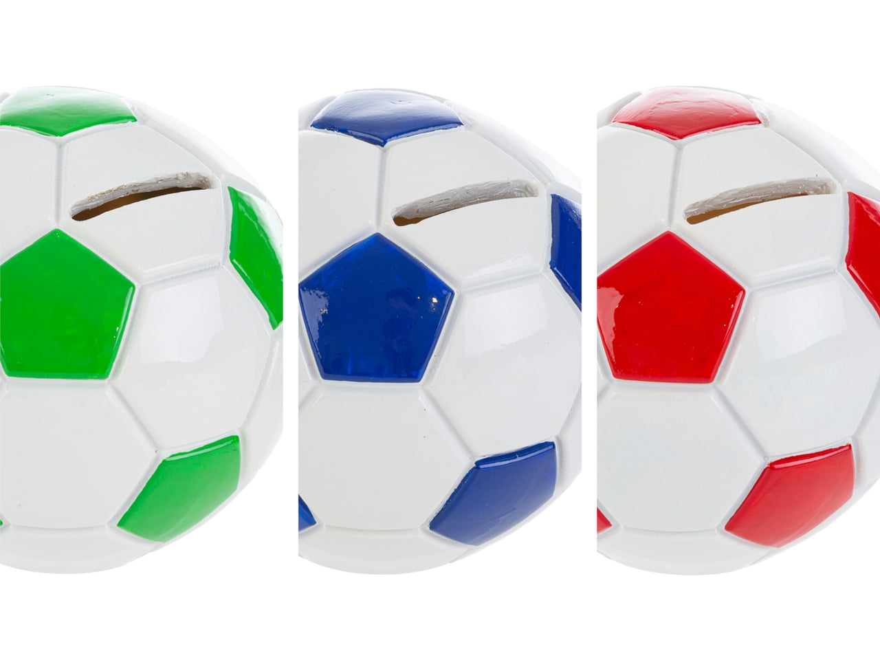 Salvadanaio pallone calcio resina 11,5x11cm 3 colori assortiti