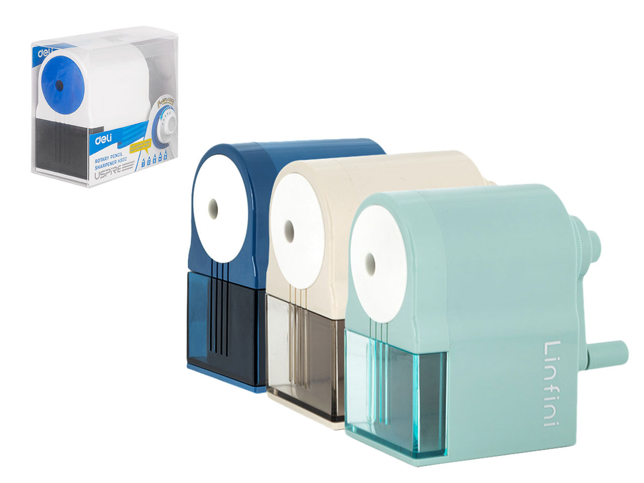 Temperamatite manuale con manovella in 3 colori assortiti in plastica, 5 gradi di affilatura - Deli