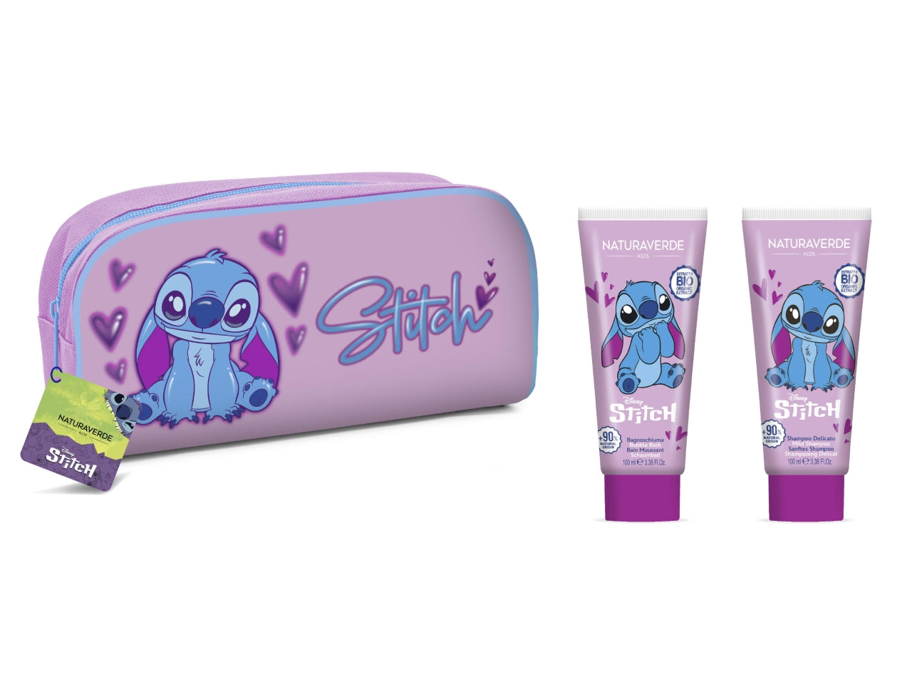 Beauty case set regalo di stitch contenente 1 shampoo da 100ml, 1 bagnoschiuma da 100ml e un beauty case misure 22,5x12,5x6cm