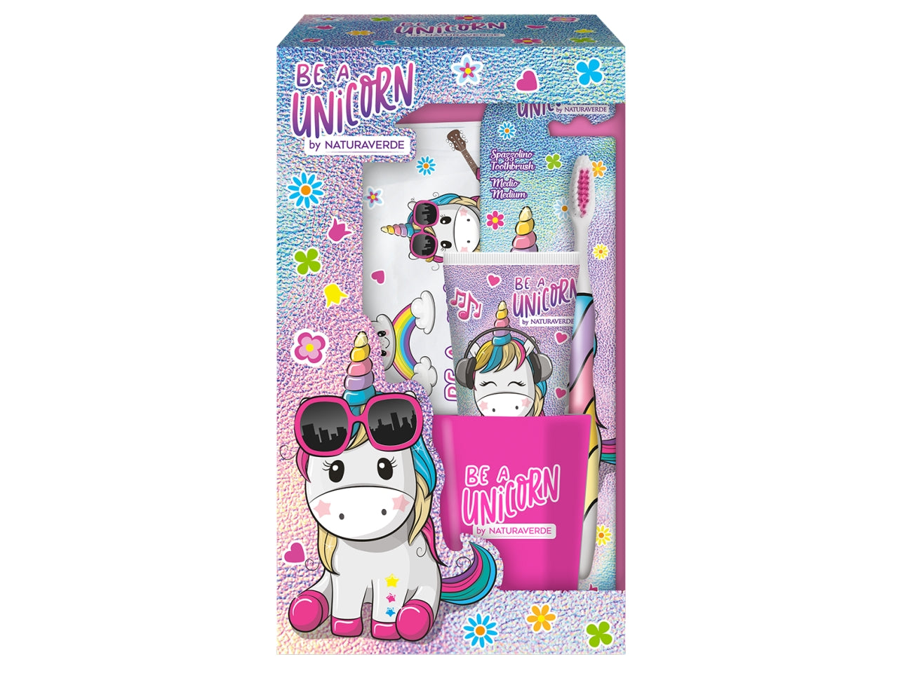 Be a unicorn by naturaverde set regalo igiene dentale contenente 1 spazzolino, 1 dentifricio da 75ml, 1 bicchiere e 1 astuccio