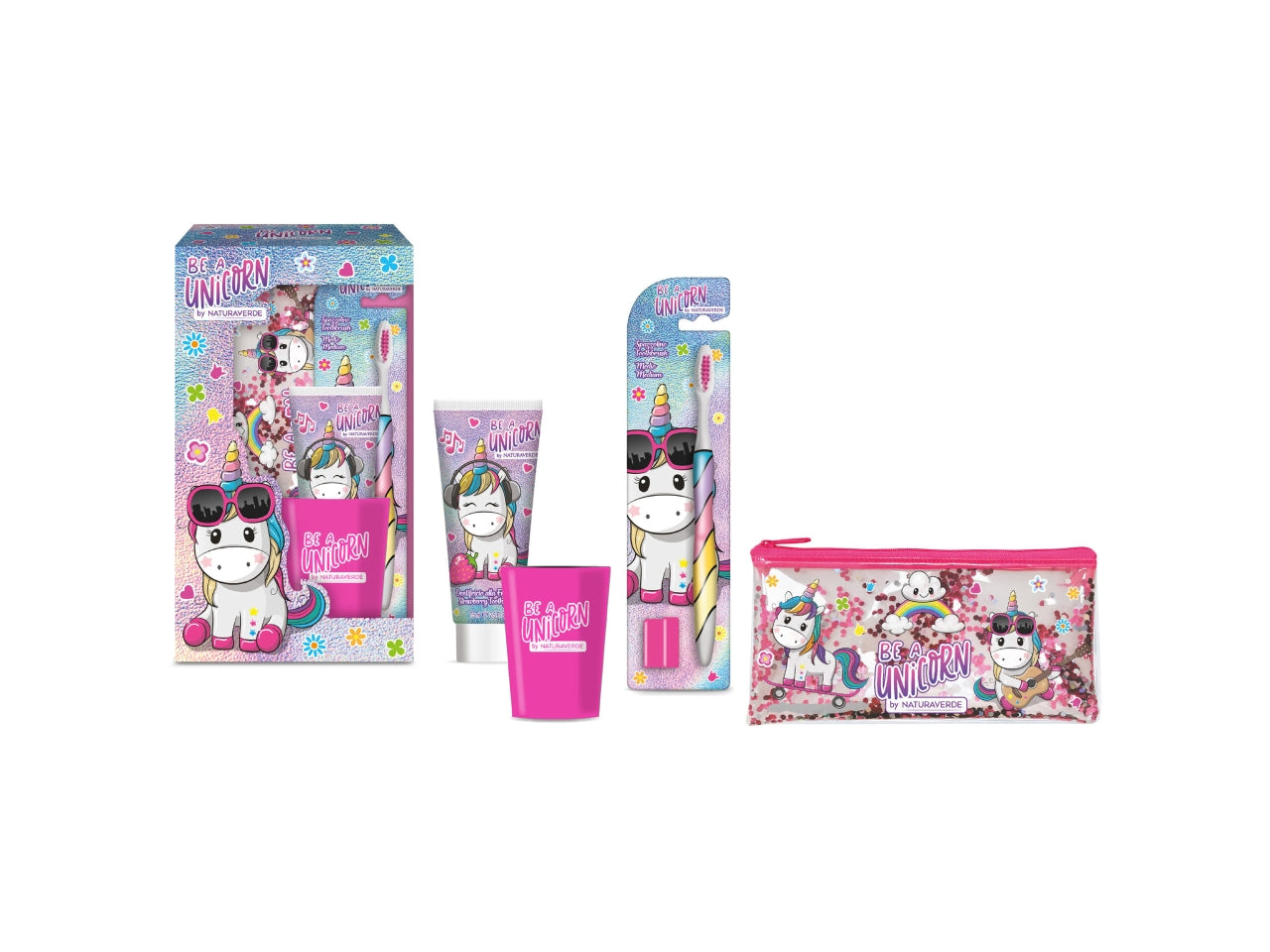 Be a unicorn by naturaverde set regalo igiene dentale contenente 1 spazzolino, 1 dentifricio da 75ml, 1 bicchiere e 1 astuccio
