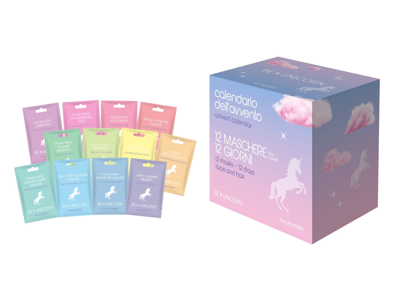Be a unicorn by naturaverde gift set 2024 calendario avvento 12 giorni maschere viso + corpo + capelli
