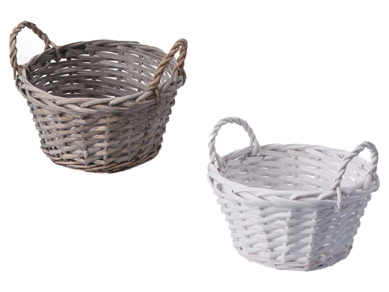 Cesto portaoggetti shabby chic in rattan, forma tonda con maniglie, 2 colori disponibili - d.17xh.10cm - Star