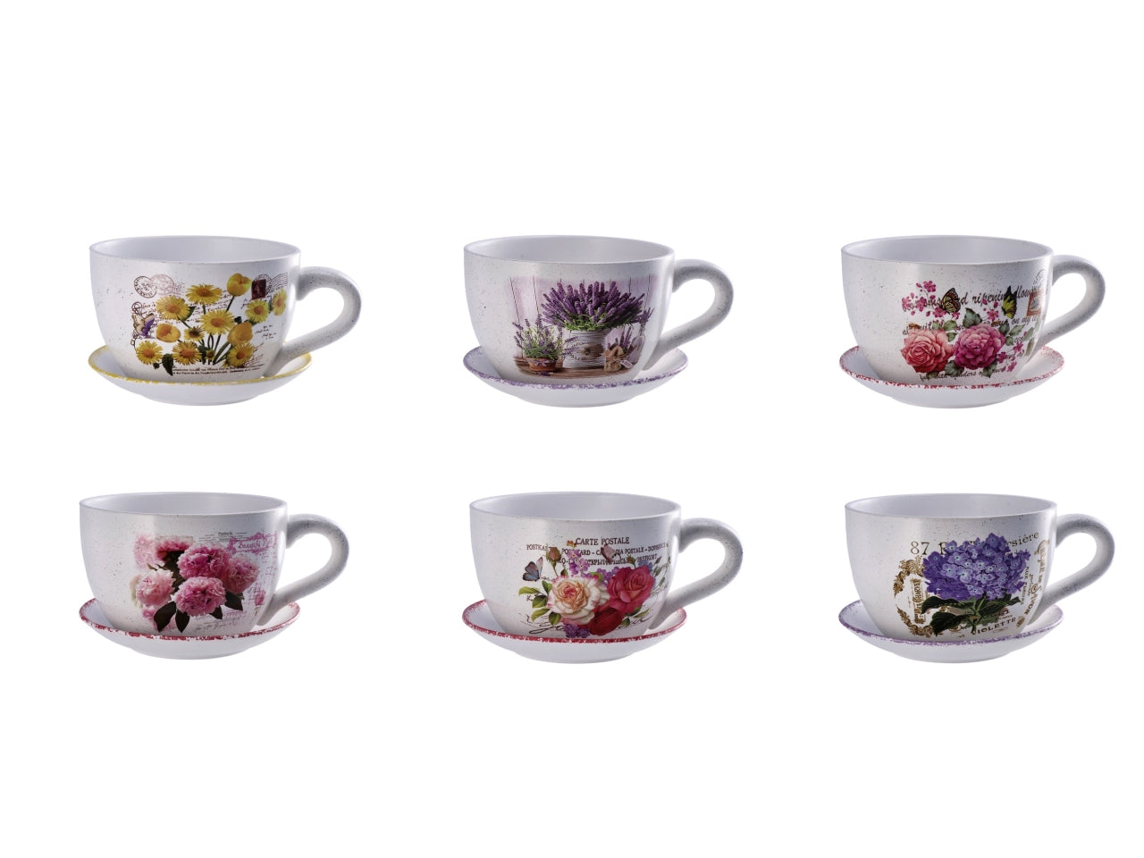 Vaso m.tazza con sotto vaso 20x15xh.10cm 6 decori assortiti