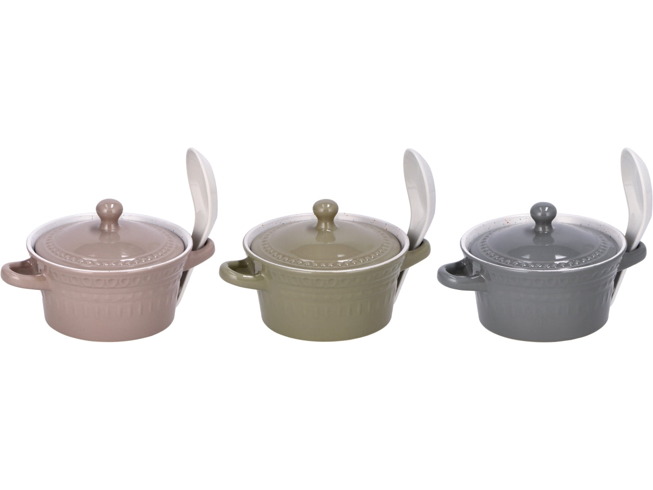 Zuppiera in ceramica + coperchio + cucchiaio 320ml 3 colori assortiti