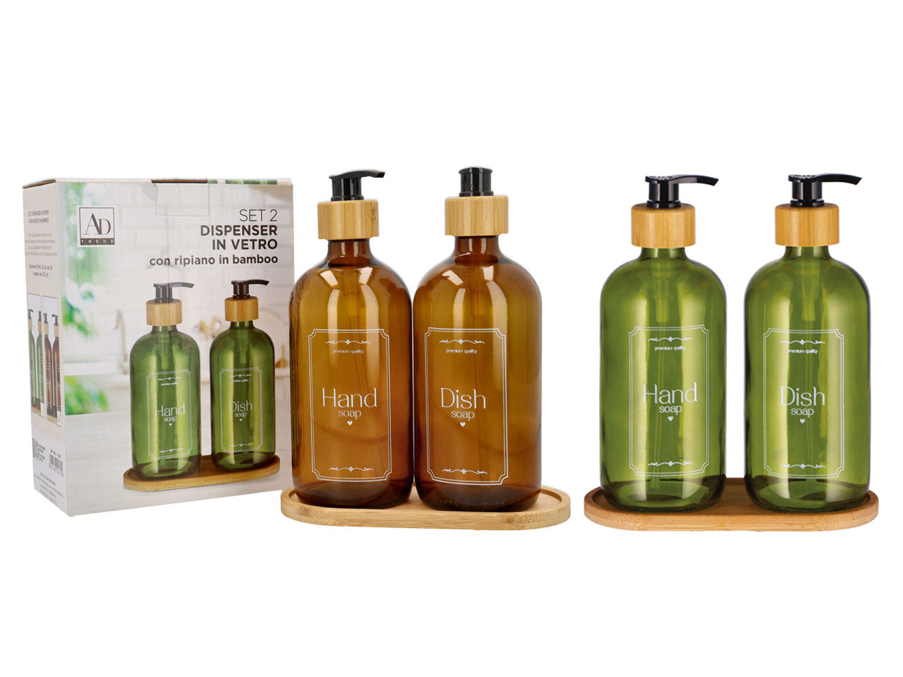Dispenser + vassoio in vetro + bamboo d.8xh.23cm set da 2 dispenser 2 colori assortiti