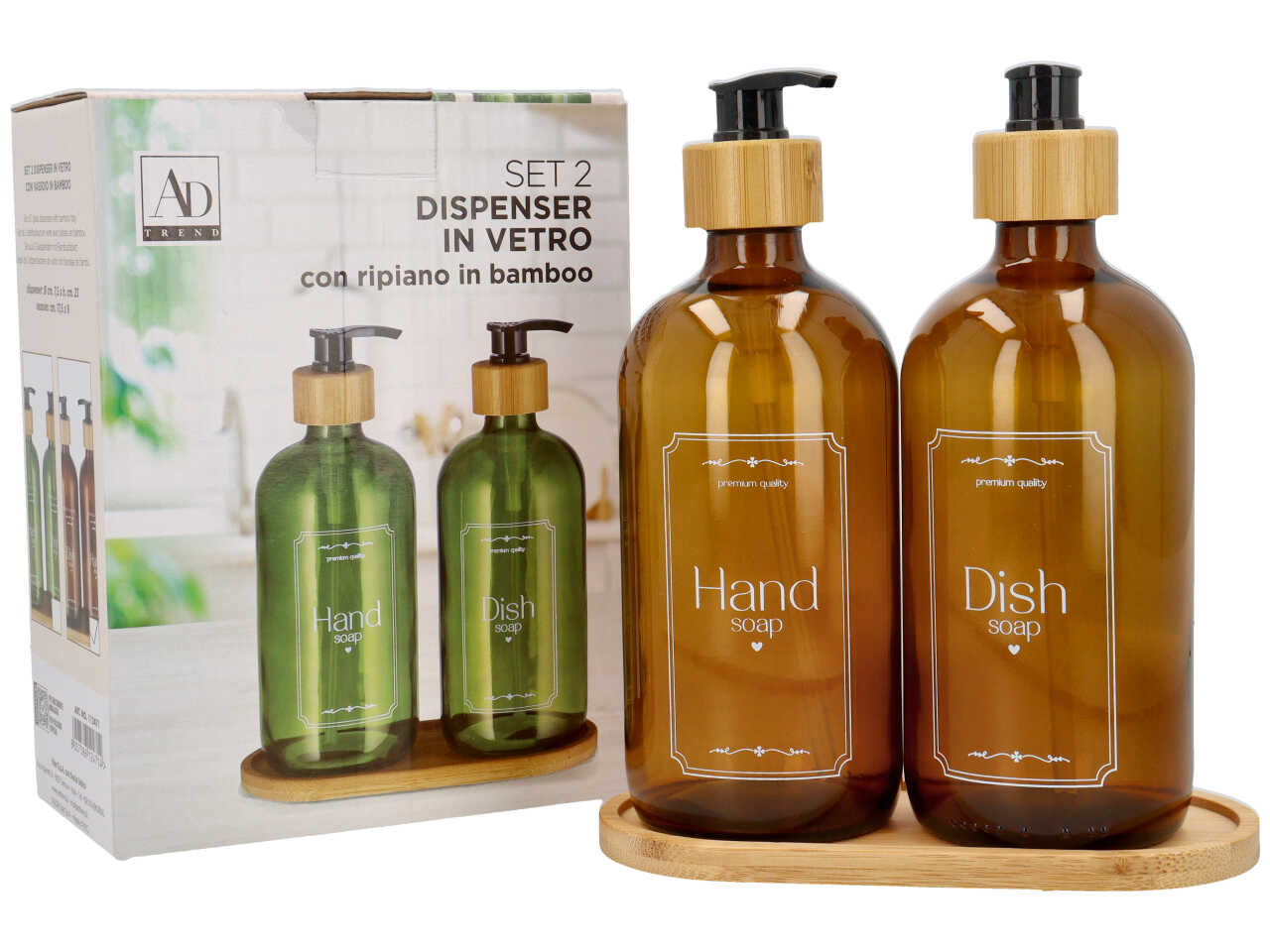 Dispenser + vassoio in vetro + bamboo d.8xh.23cm set da 2 dispenser 2 colori assortiti