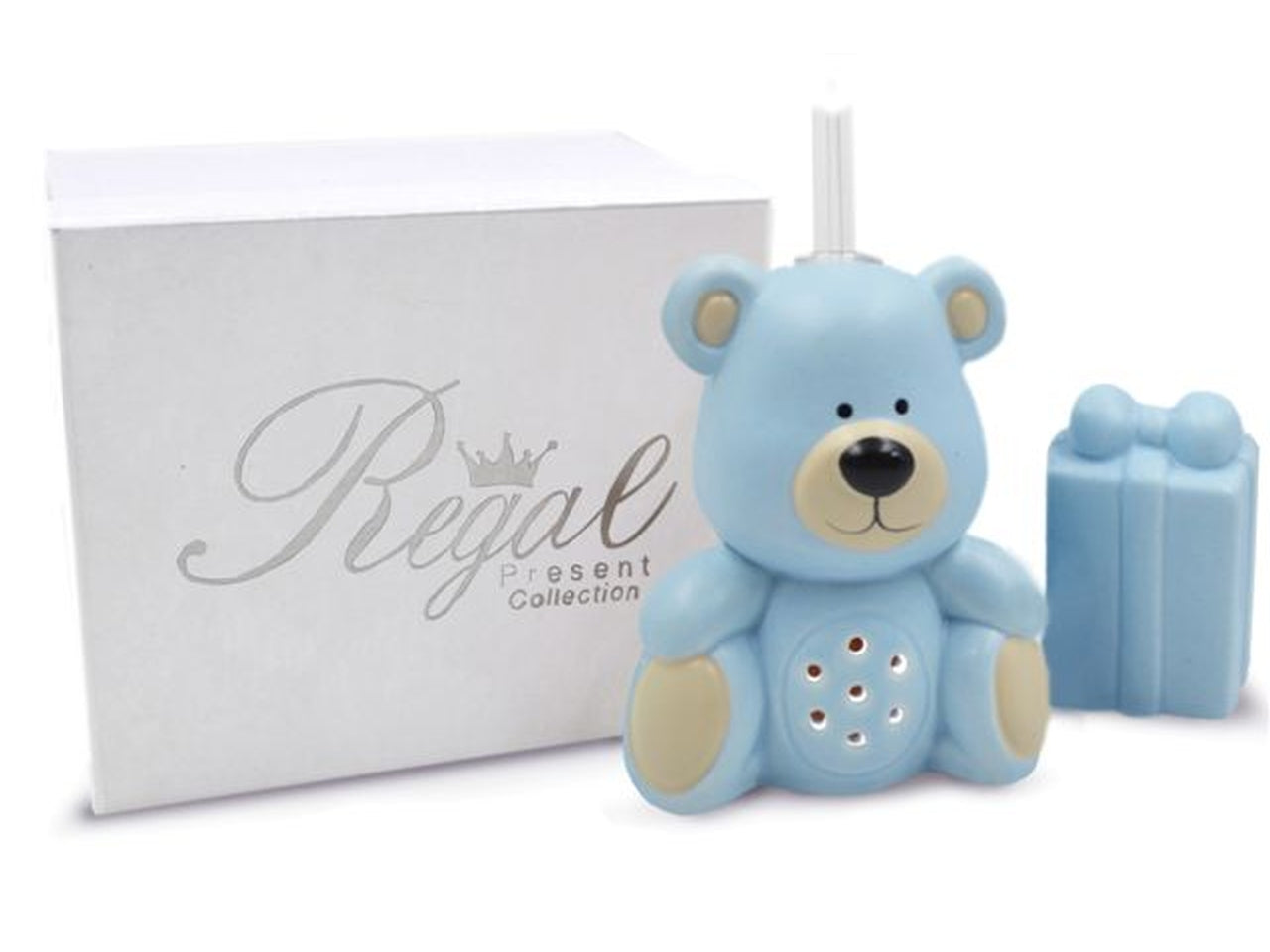 Orsetto diffusore ambiente bastoncini bomboniera nascita bimbo celeste in fine ceramica con led, 15x18x8 cm - Regal
