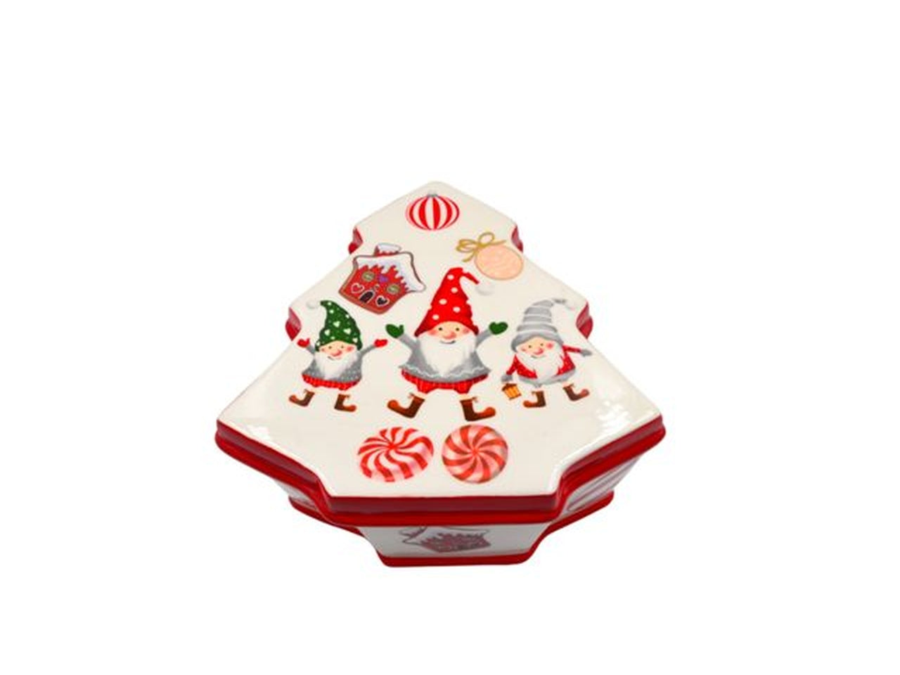 Contenitore natalizio in ceramica a forma di albero con elfi 17x19cm