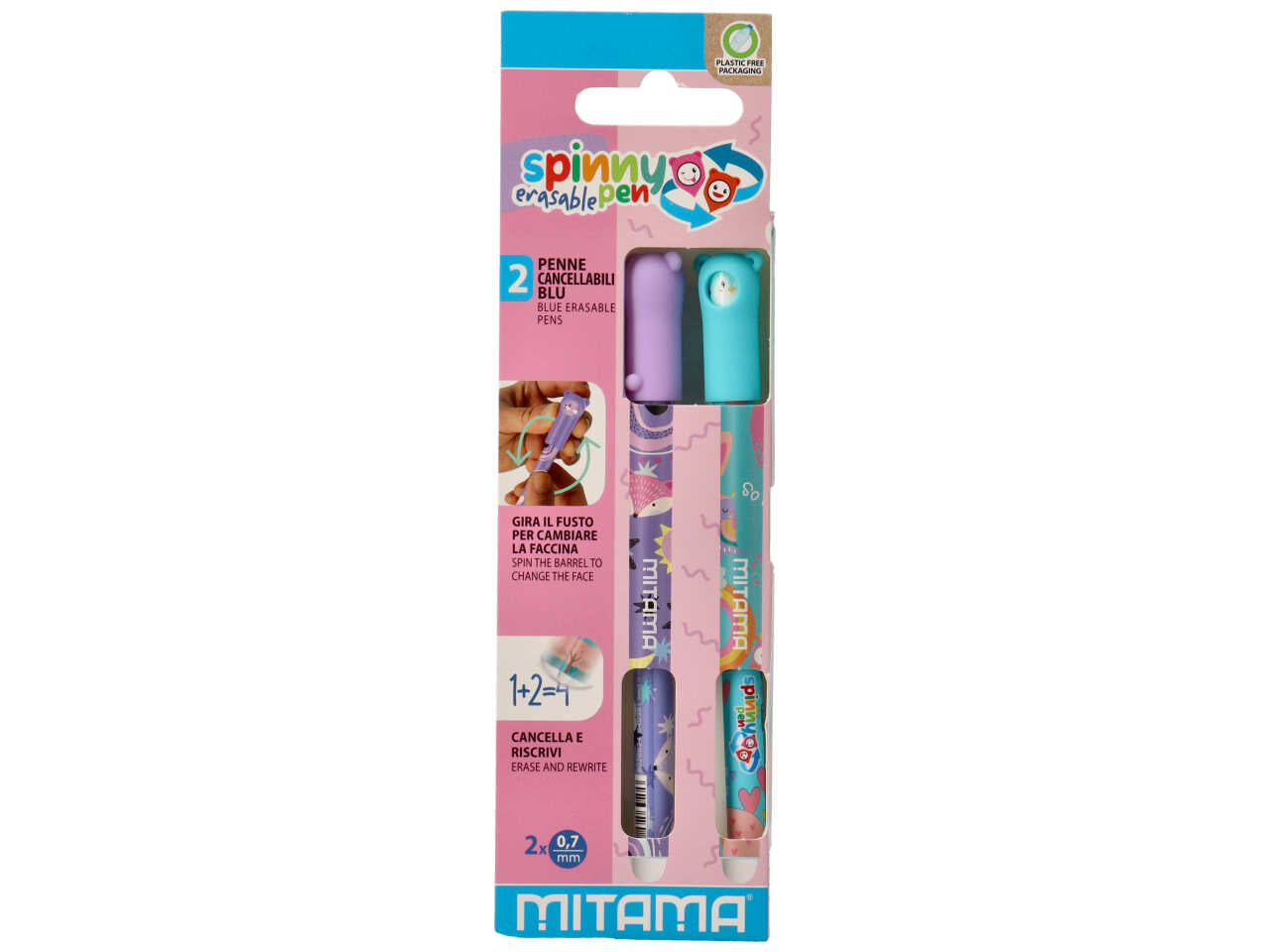 Penna cancellabile blu 0,7 mm, Spinny blister 2 pezzi - Mitama