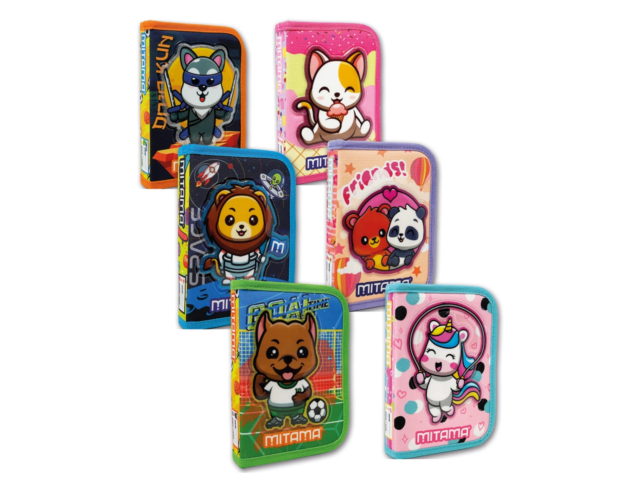 Astuccio scuola Mitama 1 zip, Spinny boy/girl con 14 pezzi
