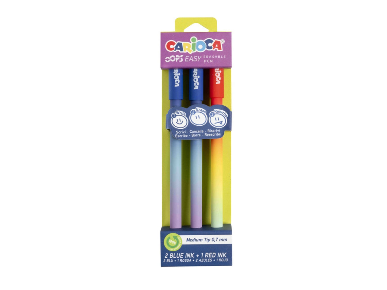 Penne cancellabili Carioca Oops Easy inchiostro gel cancellabile, blister da 2 penne blu e 1 rossa - Carioca
