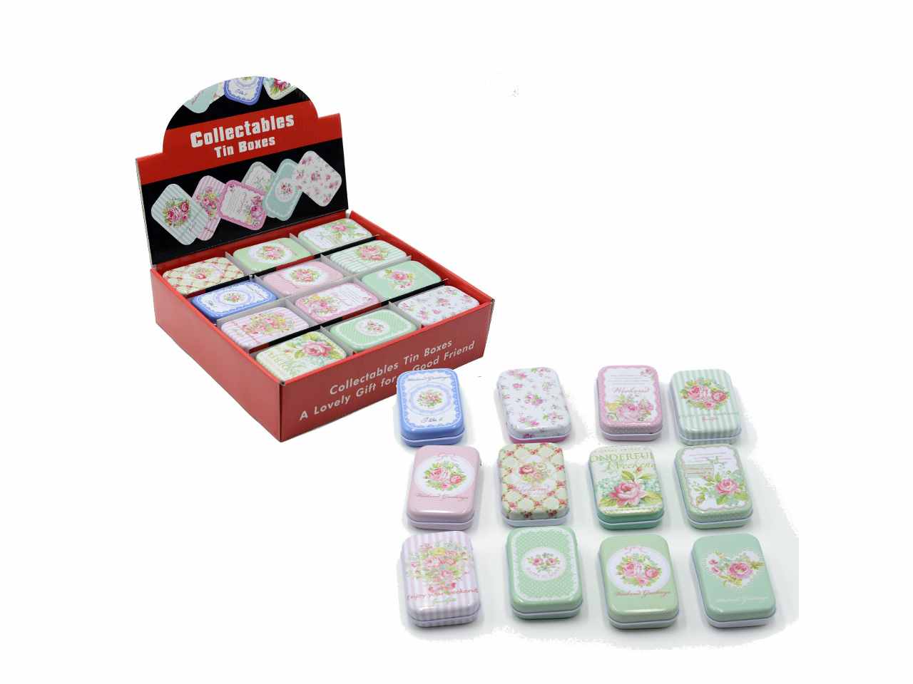 Scatolina in metallo rose 36 pezzi decori assortiti cm7,5x5h2