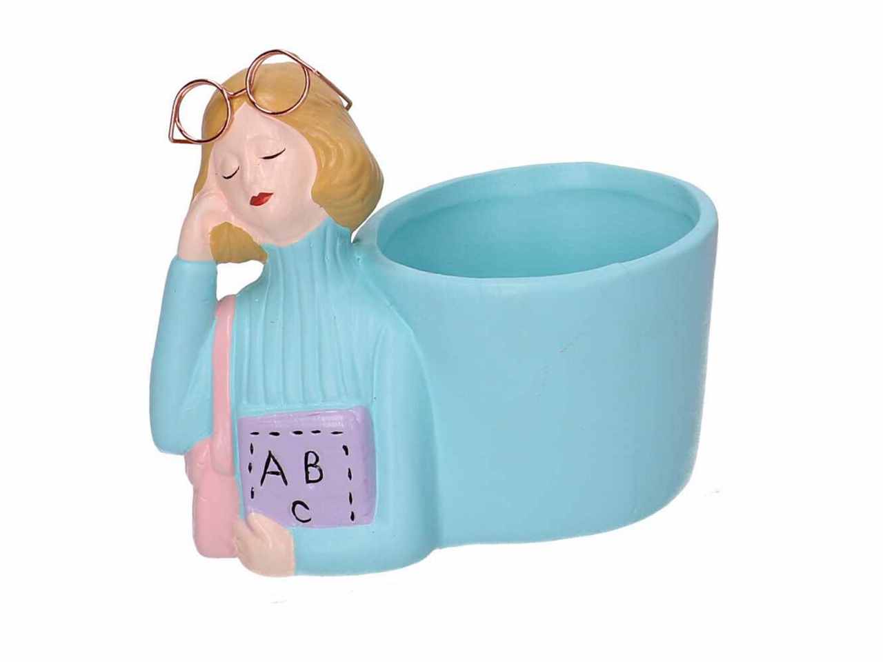 Portavaso in ceramica forma busto di donna colore azzurro 12x7,3xh.10cm