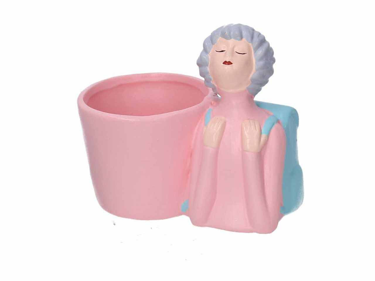 Portavaso in ceramica forma busto di donna colore rosa 12x7,5xh.10,5cm