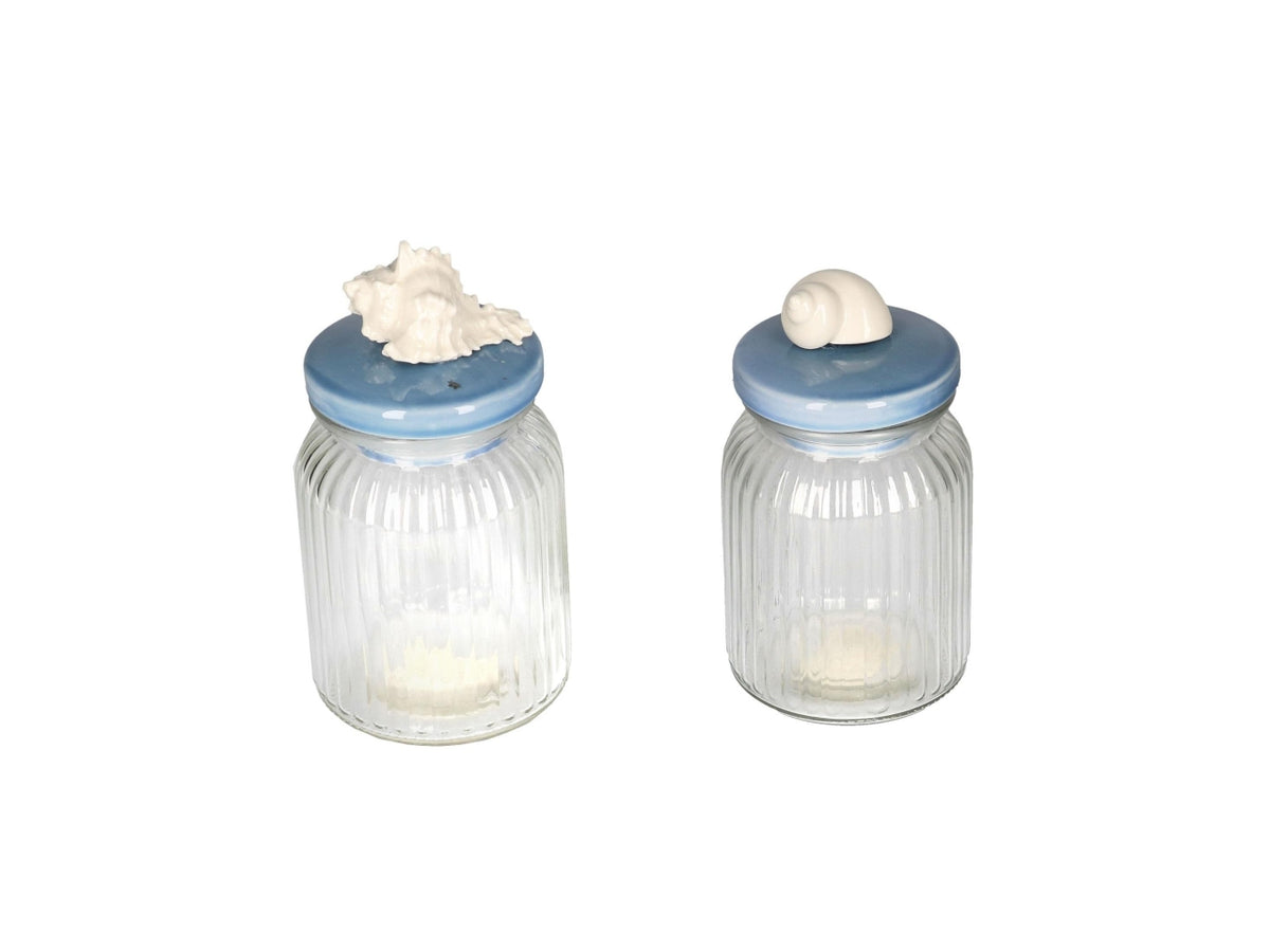 Barattolo in vetro trasparente con tappo in ceramica celeste stile marinaro - 11x19,5cm - Vacchetti