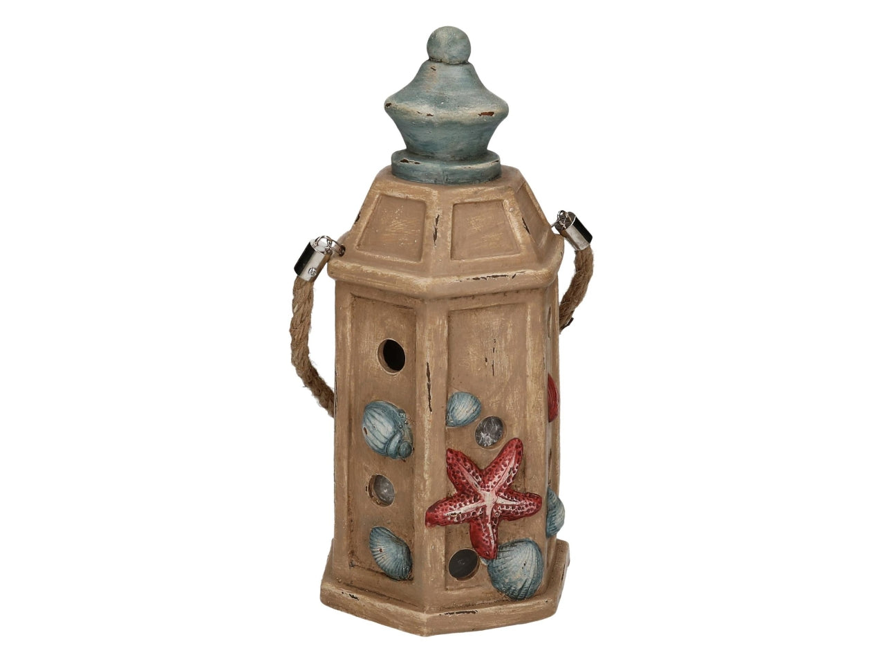 Lanterna porta tealight in ceramica marrone e celeste stile marinaro - 27x12 cm - Vacchetti