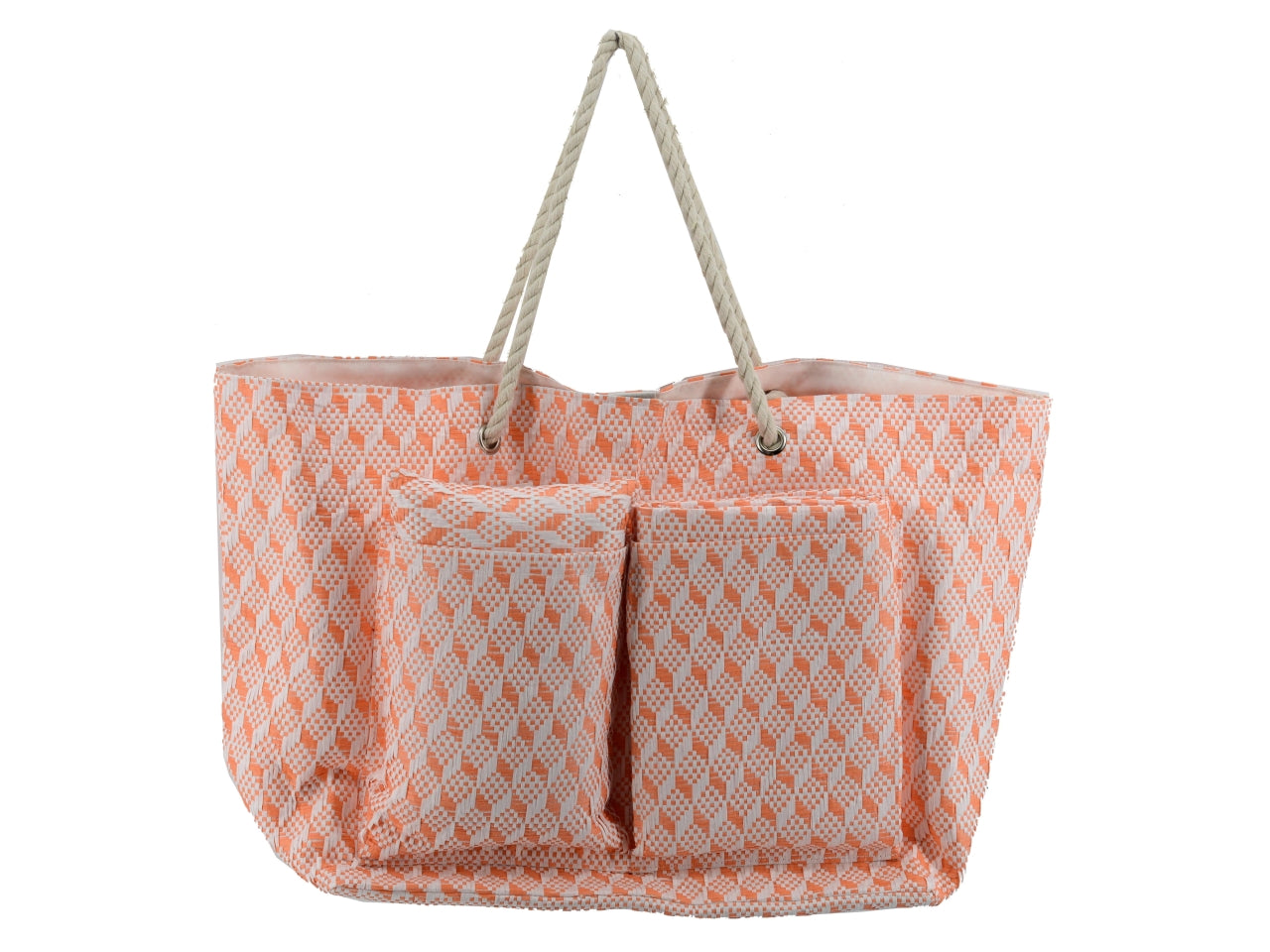 Borsa da spiaggia da donna in tessuto intrecciato , paglia e cotone, arancione con cuscino e materassino inclusi, mini tasca laterale interna con cerniera, chiusura con clip  - 62x22xh.40cm - Vacchetti