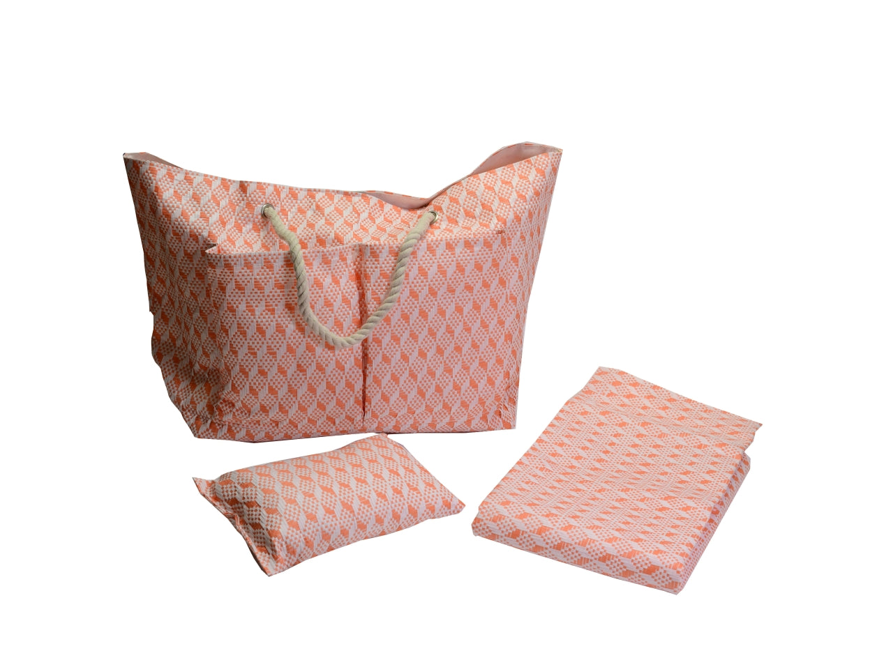 Borsa da spiaggia da donna in tessuto intrecciato , paglia e cotone, arancione con cuscino e materassino inclusi, mini tasca laterale interna con cerniera, chiusura con clip  - 62x22xh.40cm - Vacchetti