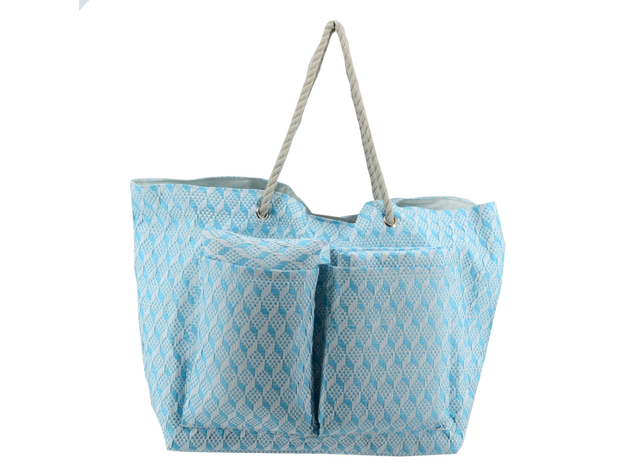Borsa da spiaggia da donna in tessuto intrecciato, paglia e cotone, turchese con cuscino e materassino inclusi, mini tasca laterale interna con cerniera, chiusura con clip  - 62x22xh.40cm - Vacchetti
