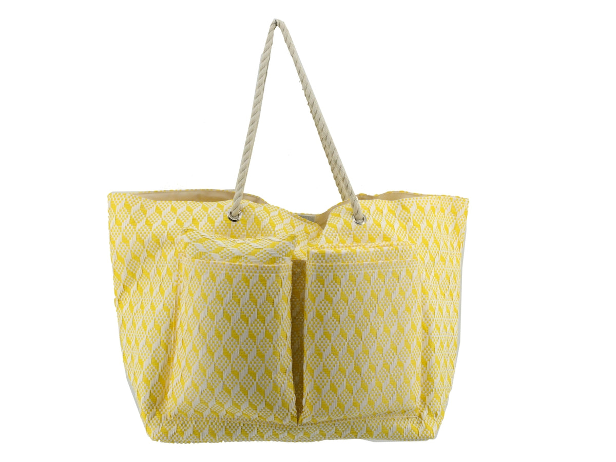 Borsa da spiaggia da donna in tessuto intrecciato , paglia e cotone, gialla con cuscino e materassino inclusi, mini tasca laterale interna con cerniera, chiusura con clip  - 62x22xh.40cm - Vacchetti