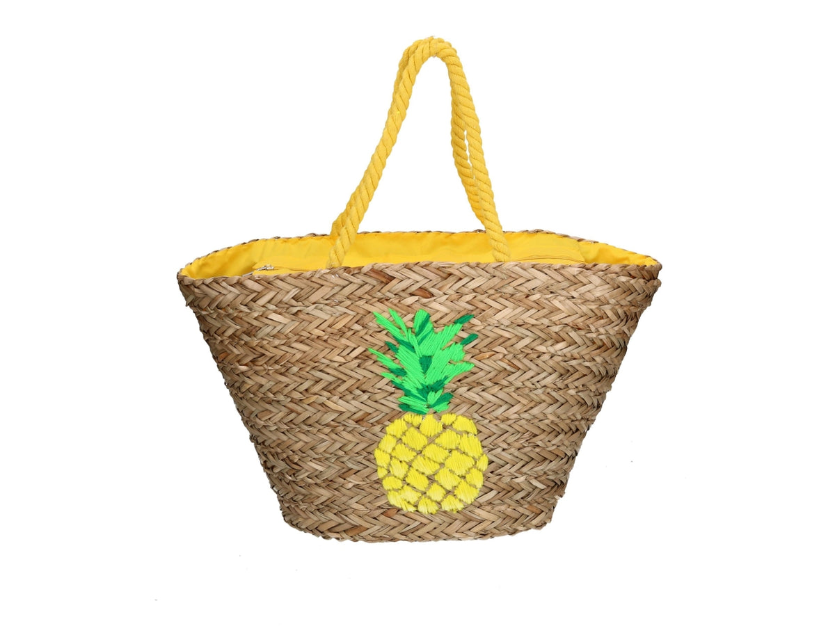 Borsa da spiaggia donna in paglia e tessuto, naturale e multicolor con fantasia frutta e dettaglio ricamato ananas, mini tasca laterale interna con cerniera - 58x18xh.30cm - Vacchetti