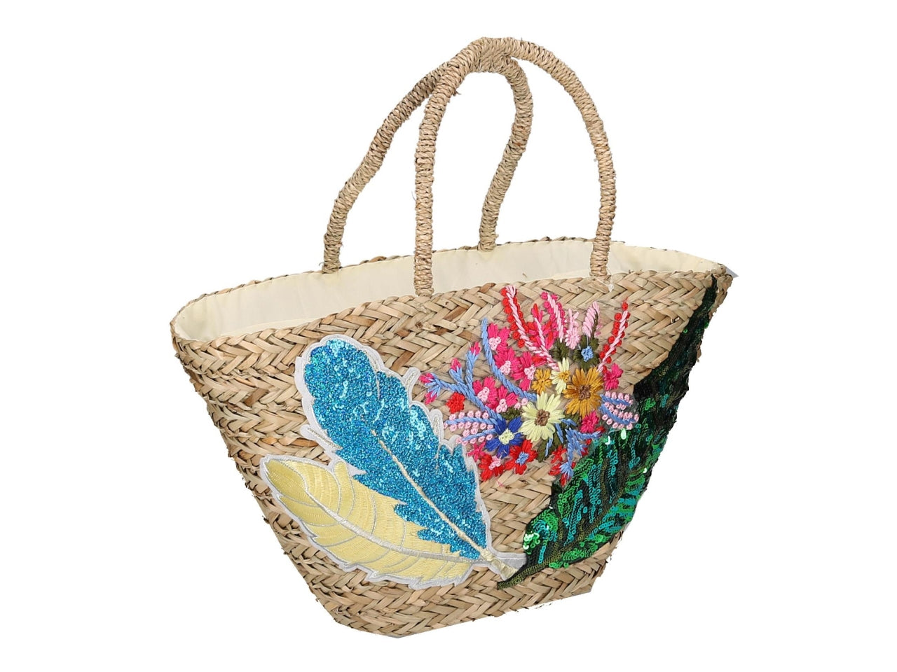 Borsa paglia con fiori e foglie 60x16xh.30cm