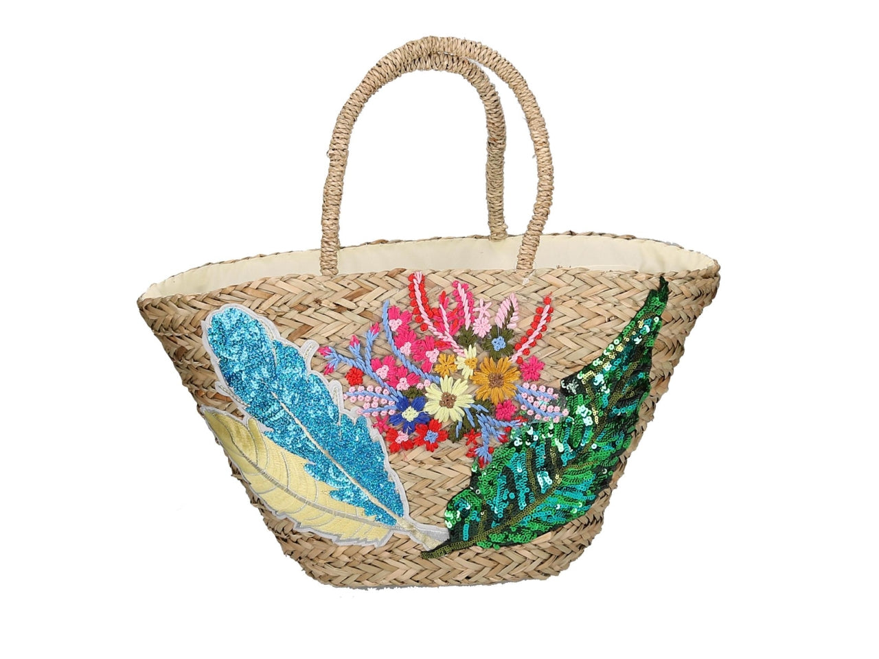 Borsa paglia con fiori e foglie 60x16xh.30cm