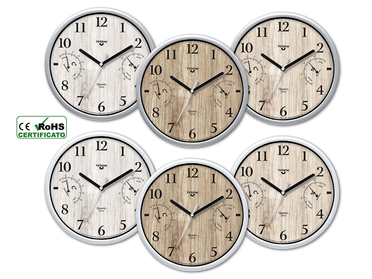 Orologio da parete industrial in abs con quadranti effetto legno, colori assortiti , 24,6 cm - Virtime