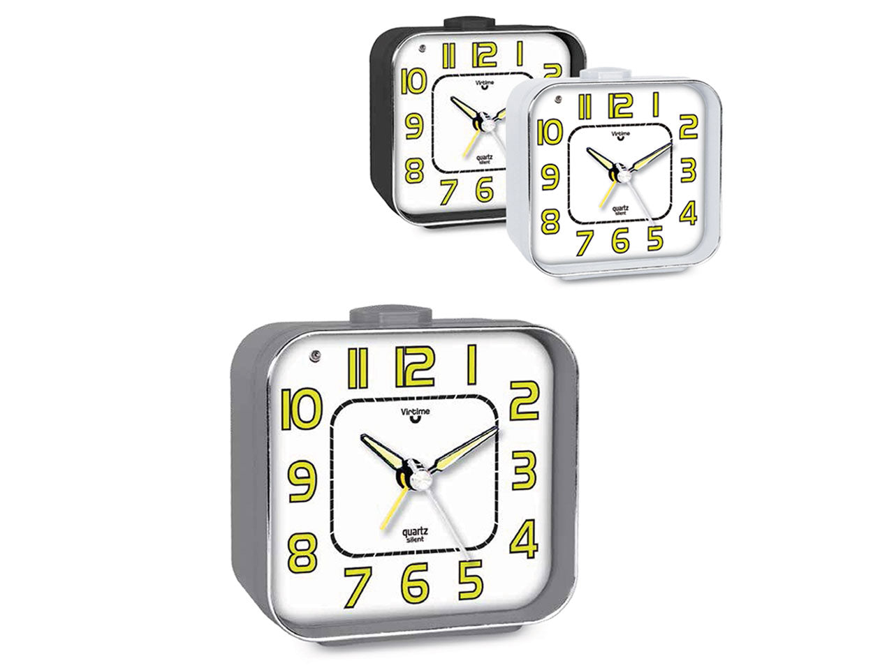 Sveglia al quarzo analogica virtime in abs con sweep e luce in grigio, nero e bianco 9x8,5x4 cm