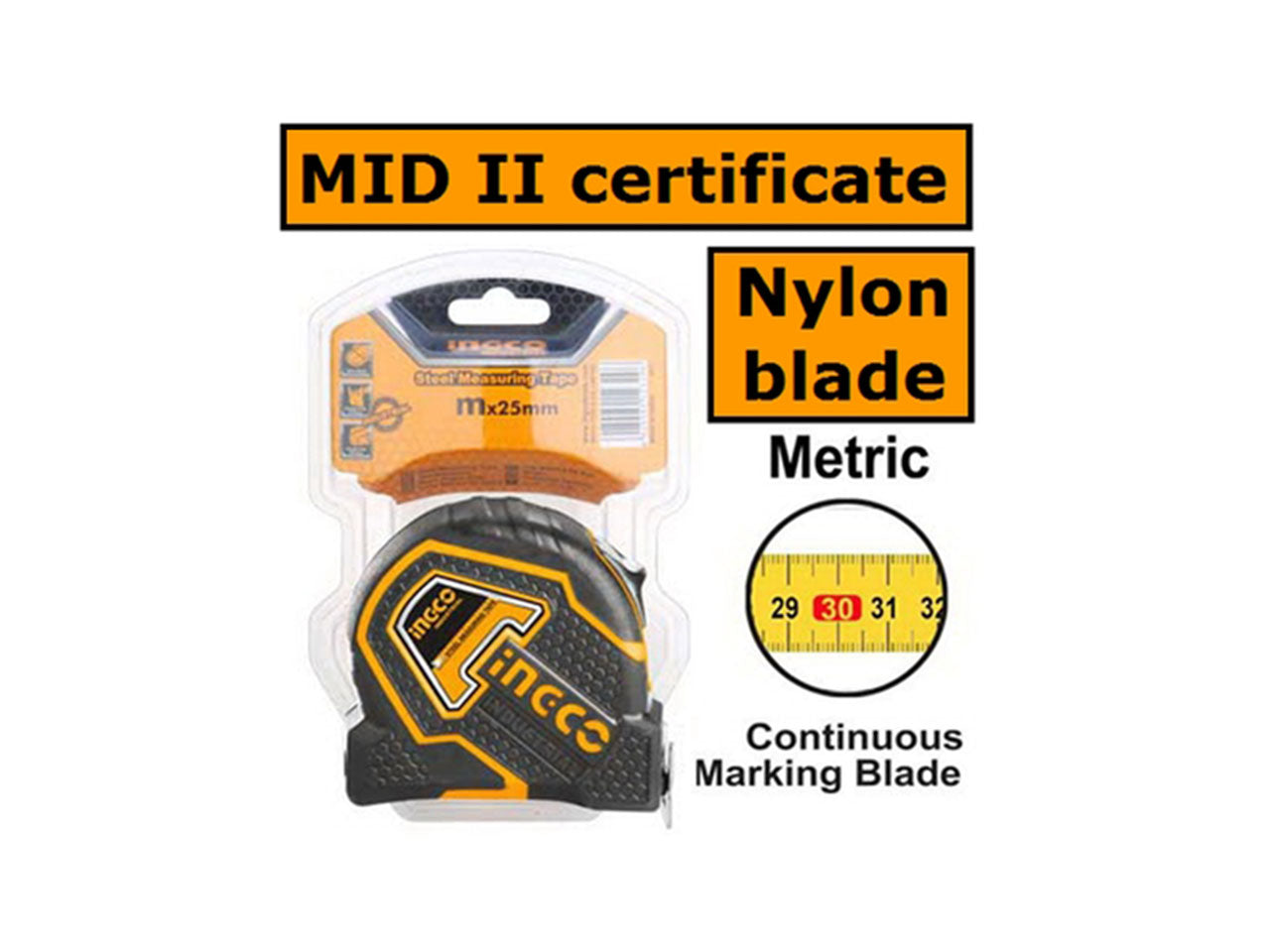 Flessometro Ingco 8m con bloccaggio a pulsante: impugnatura antiscivolo per precisione